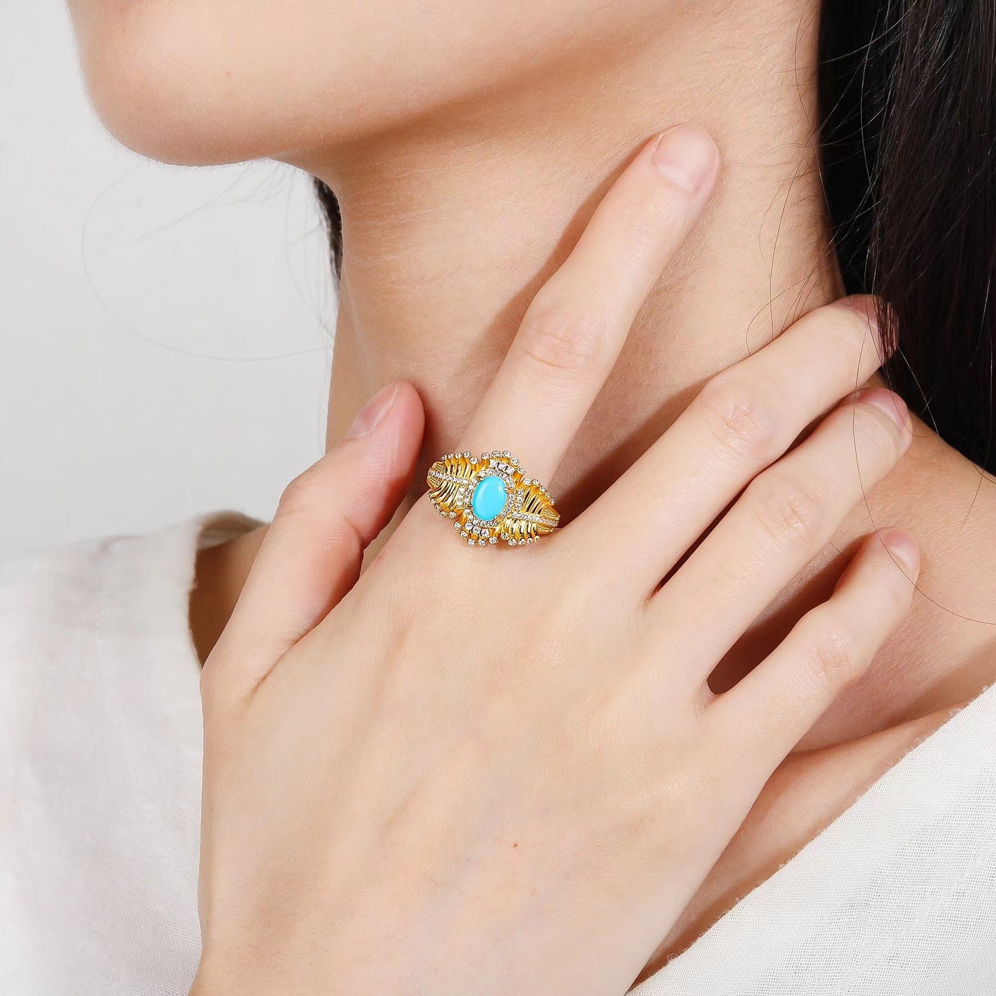 Turquoise Fishbone Ring – Gold Plated Sterling Silver Statement Ring
