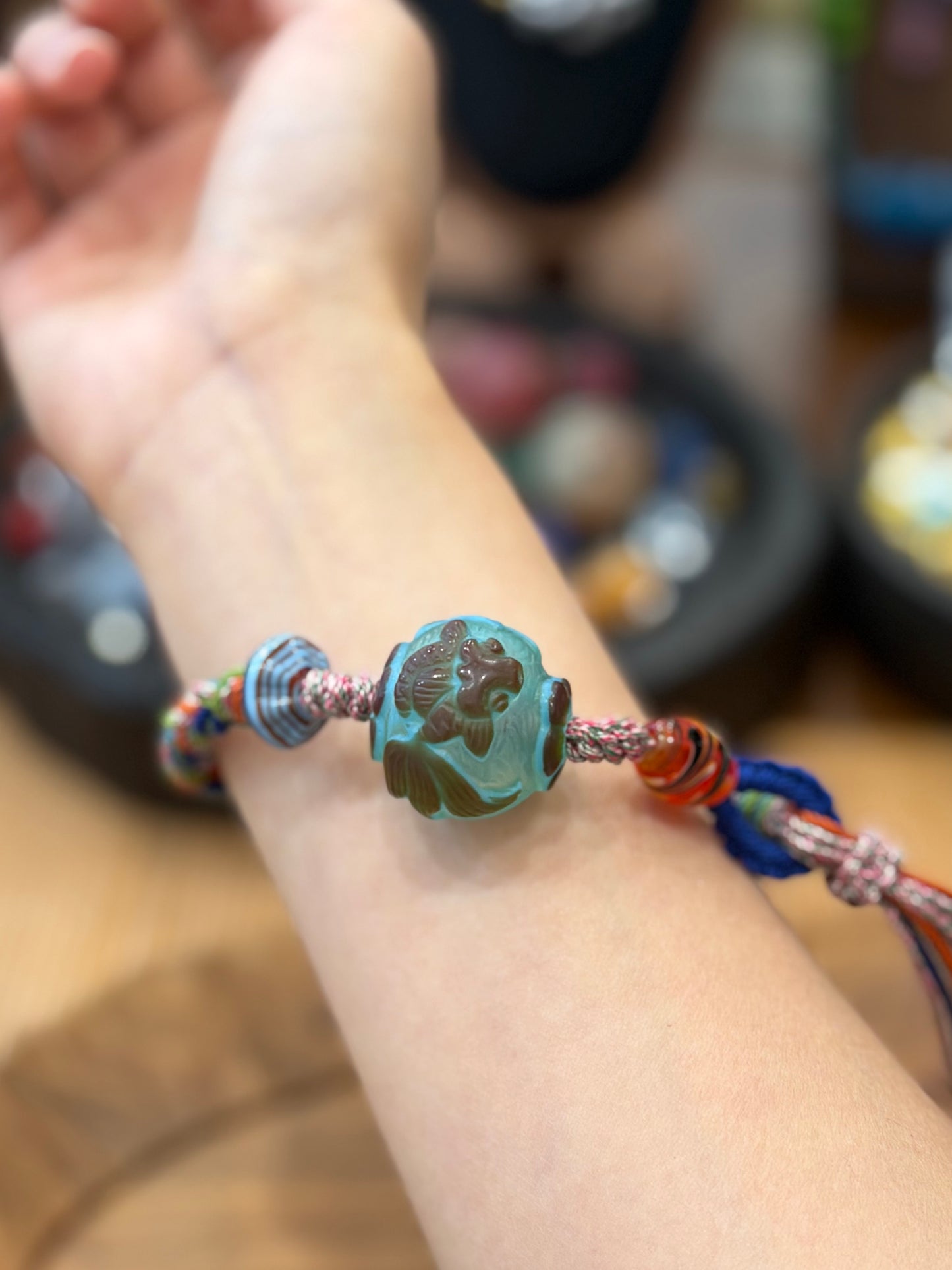 Hand-Knotted Glass Bead Bracelet – Goldfish Pattern Woven Cord Jewelry, Handmade Glass Bracelet