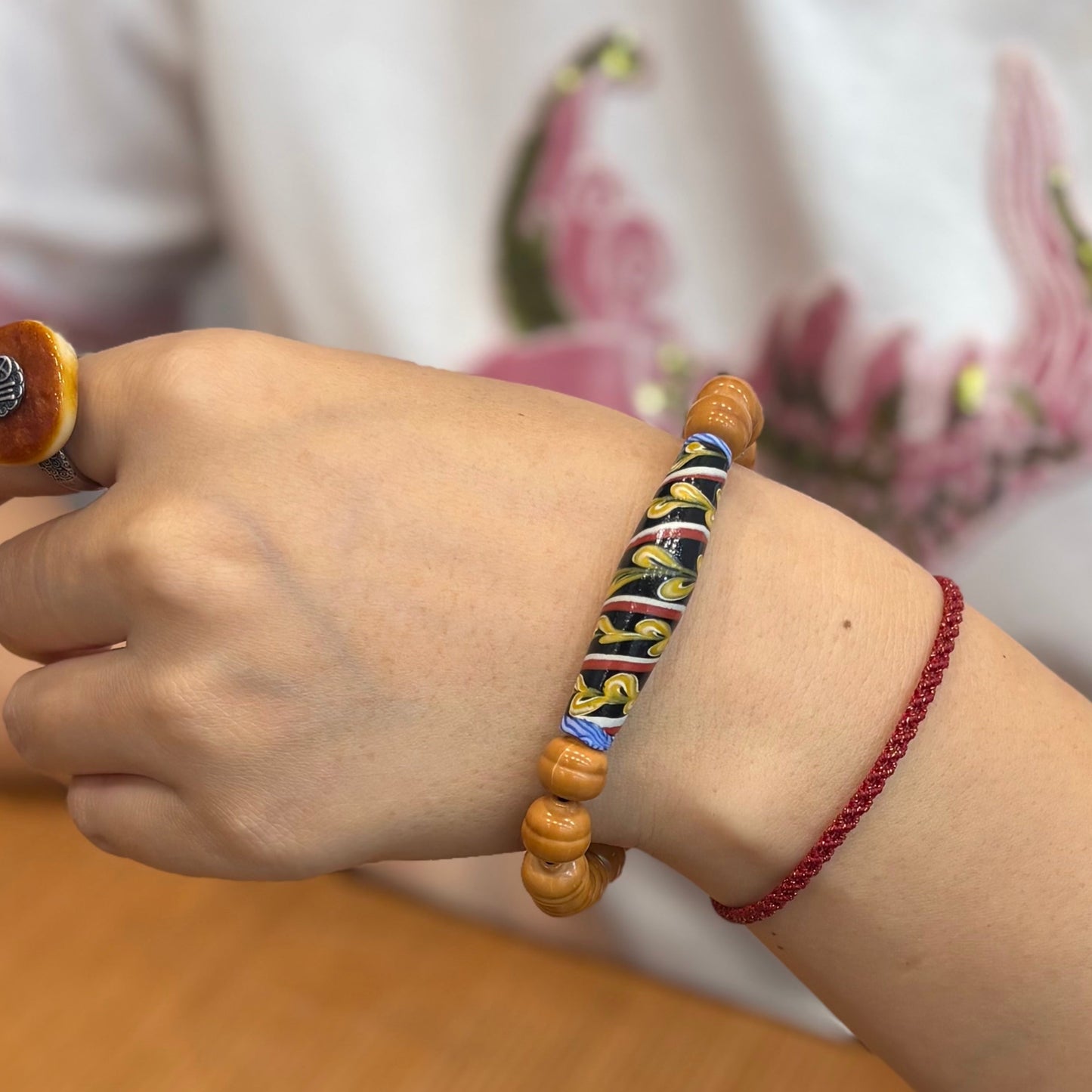 Handmade Glass Tube & Wood Bead Bracelet – Cat’s Eye Glass Accent, Hand-Strung Bracelet