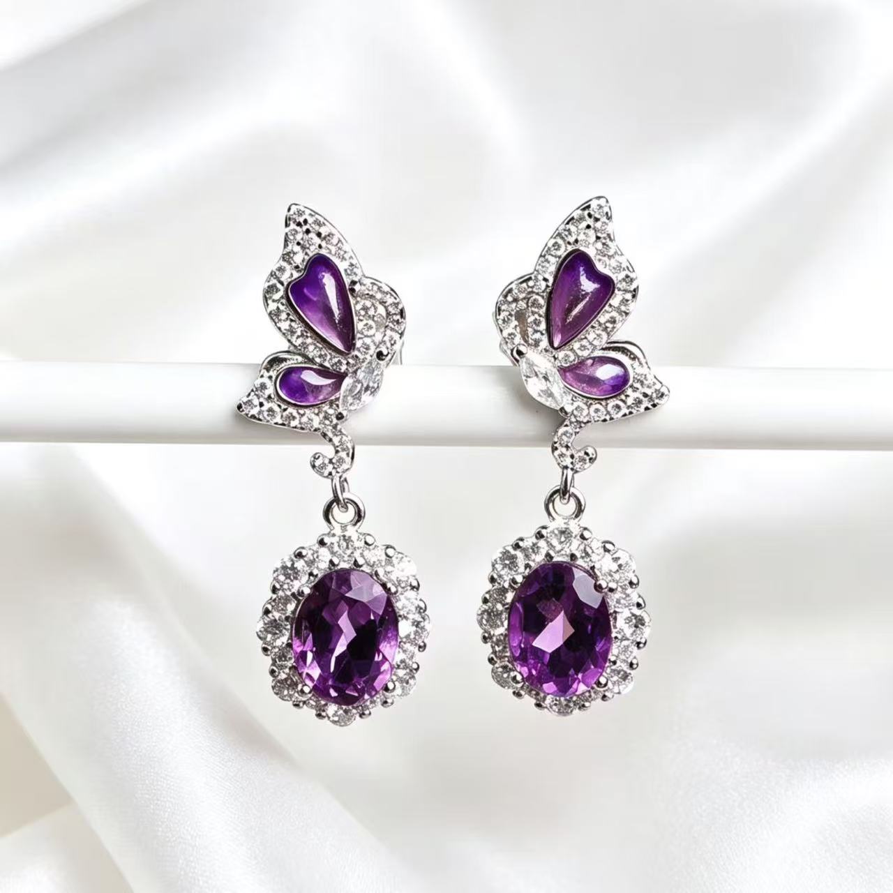 Amethyst Butterfly Dangle Earrings in 925 Sterling Silver with Enamel Accents