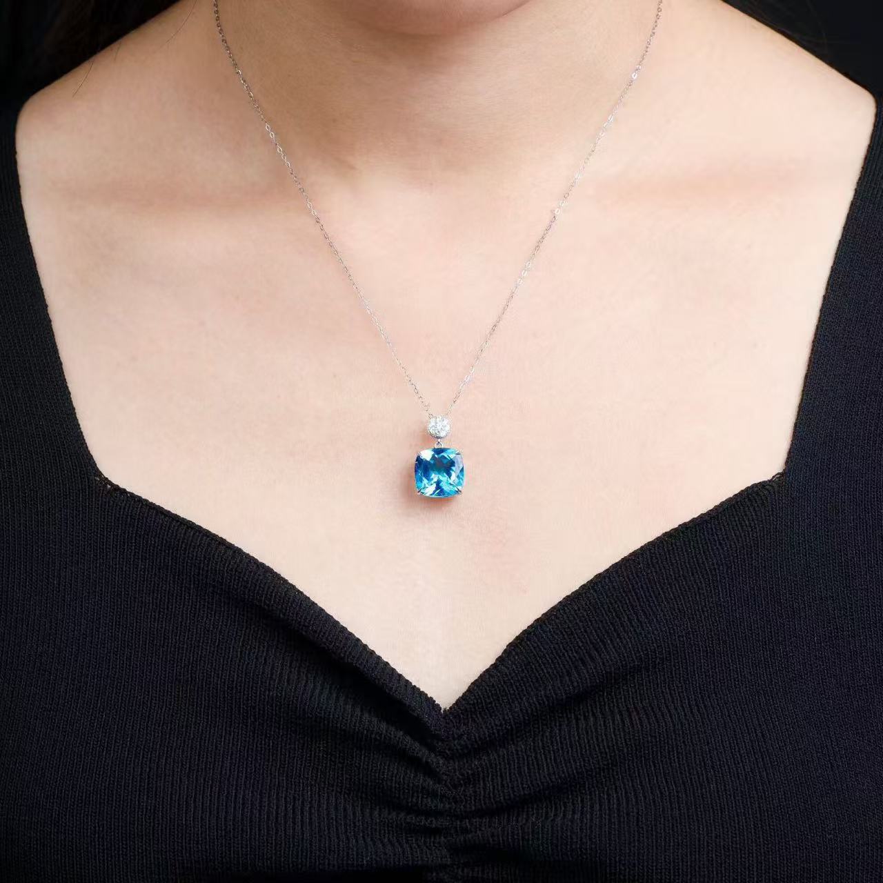 Natural Brazilian Swiss Blue Topaz Cushion Cut Pendant Necklace in S925 Sterling Silver – 9ct Blue Gemstone Pendant
