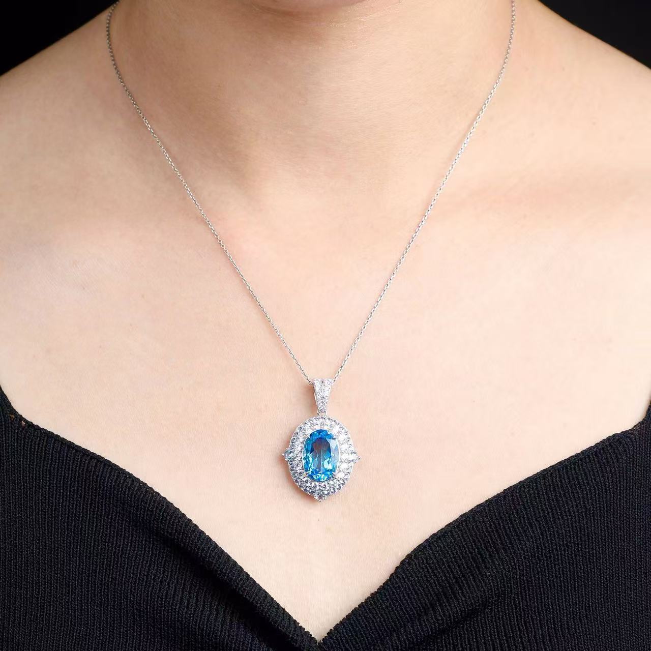 Natural Brazilian Swiss Blue Topaz Pendant Necklace in S925 Sterling Silver – 7.4ct Oval Blue Gemstone Pendant