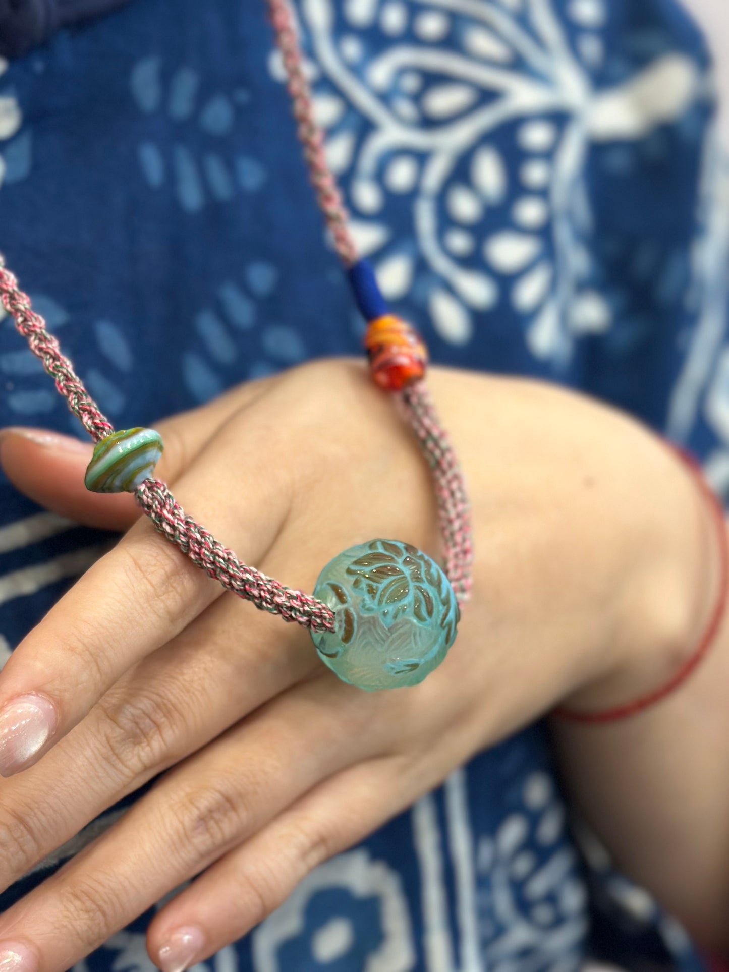 Hand-Knotted Glass Bead Necklace – Lotus & Koi Pattern Woven Cord Choker, Handmade Glass Jewelry