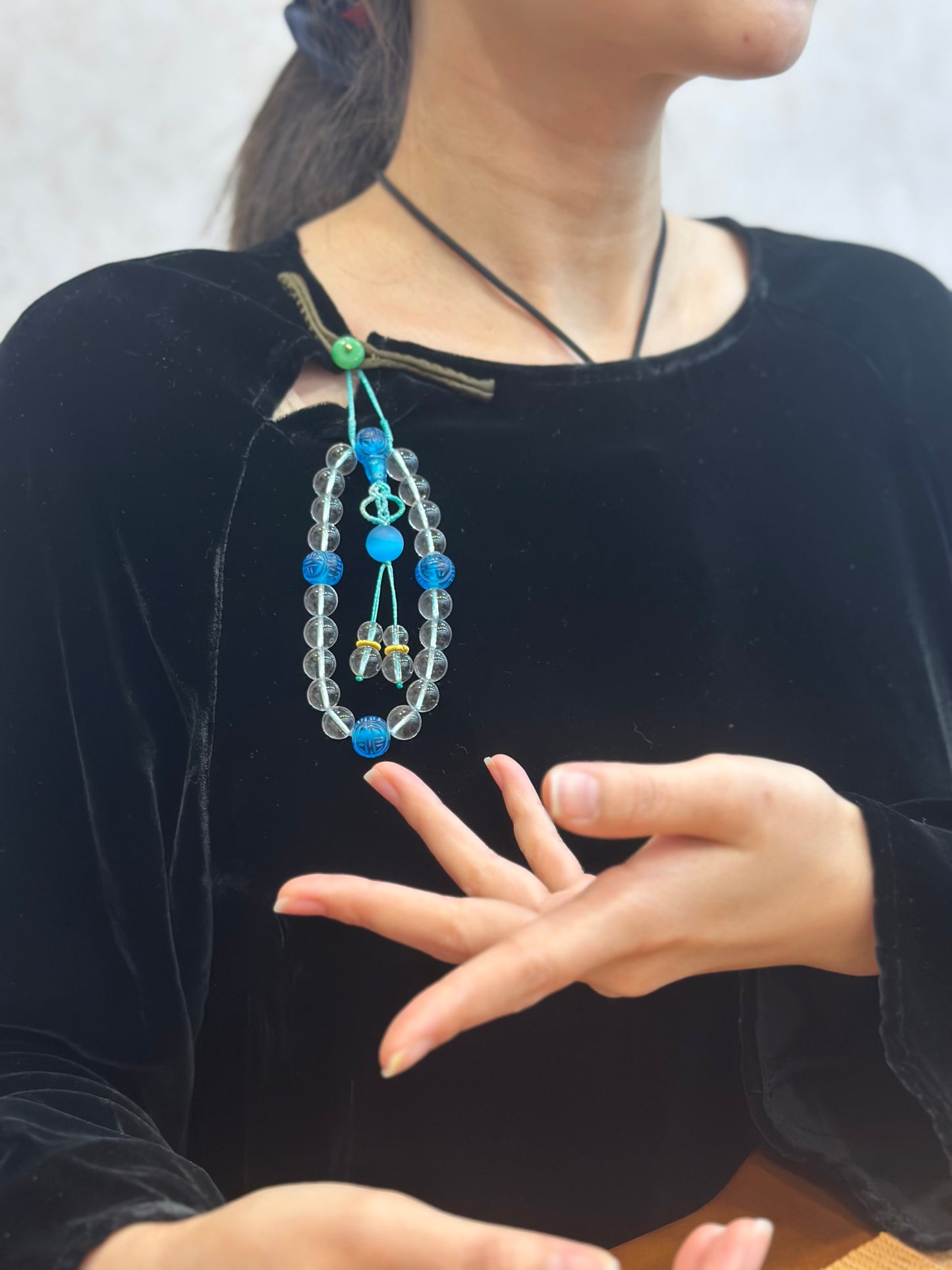 Hand-Knotted Crystal & Blue Glass Bead Charm – Collar Ornament, Bag Charm, Handmade Glass Accessory