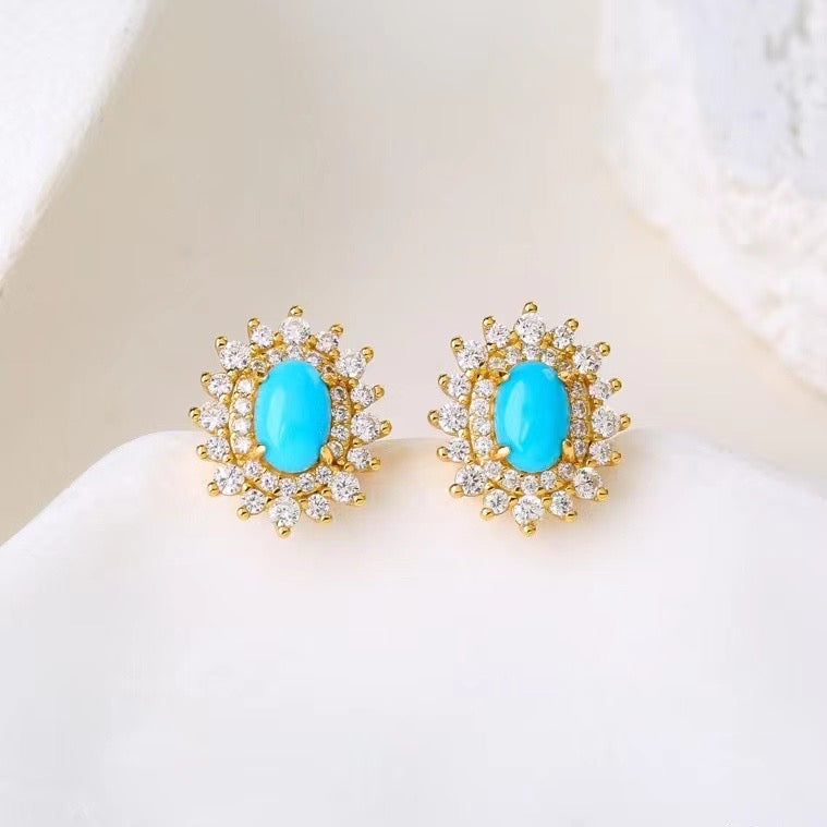 Natural Turquoise Stud Earrings | Gold Vermeil 925 Sterling Silver Gemstone Earrings