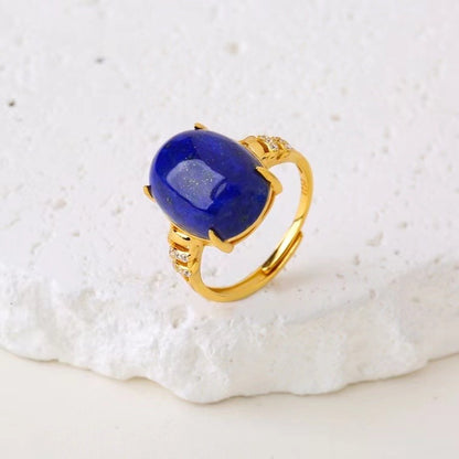 Vintage Lapis Lazuli Ring – Zircon Halo Gold Statement Ring with Auspicious Cloud Engraving