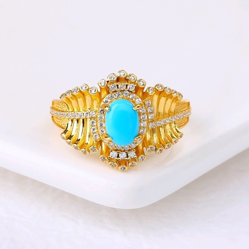 Turquoise Fishbone Ring – Gold Plated Sterling Silver Statement Ring