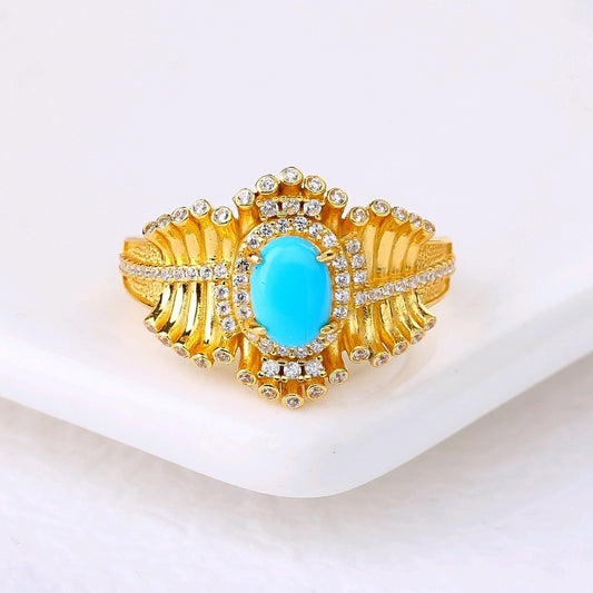 Turquoise Fishbone Ring – Gold Plated Sterling Silver Statement Ring