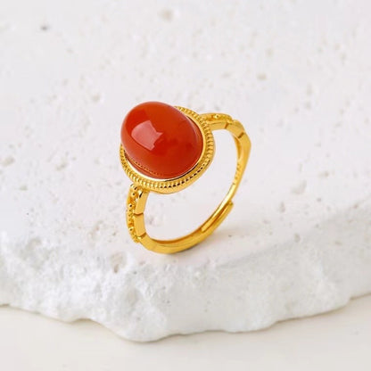 Vintage Red Agate Statement Ring – Gold Plated Ring with Zircon Halo & Cloud Engraving