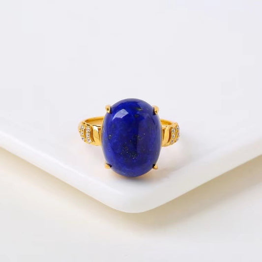 Vintage Lapis Lazuli Ring – Zircon Halo Gold Statement Ring with Auspicious Cloud Engraving