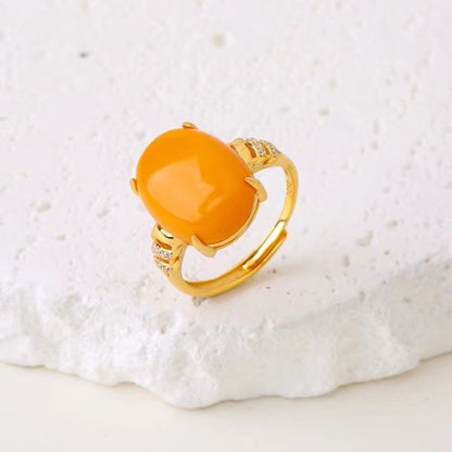 Vintage Amber Statement Ring – Gold Plated Ring with Zircon Halo & Cloud Engraving