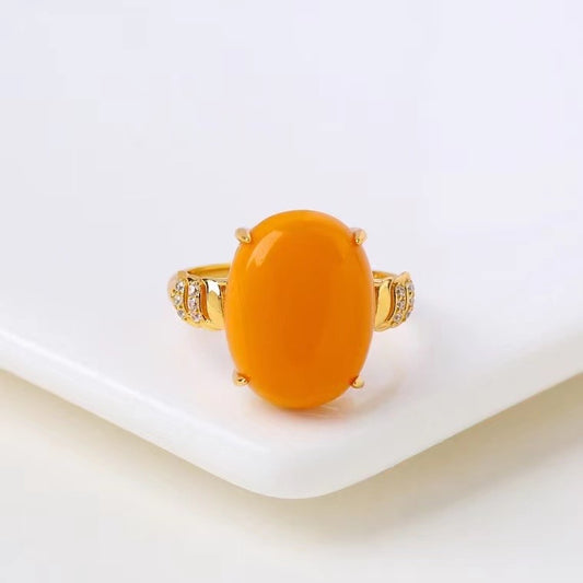 Vintage Amber Statement Ring – Gold Plated Ring with Zircon Halo & Cloud Engraving