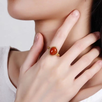Vintage Red Agate Statement Ring – Gold Plated Ring with Zircon Halo & Cloud Engraving