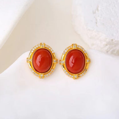 Natural Nanhong Red Agate Stud Earrings | 925 Sterling Silver Gemstone Earrings