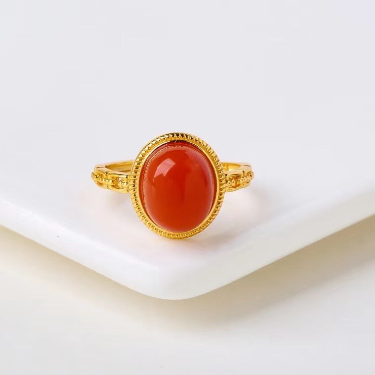Vintage Red Agate Statement Ring – Gold Plated Ring with Zircon Halo & Cloud Engraving