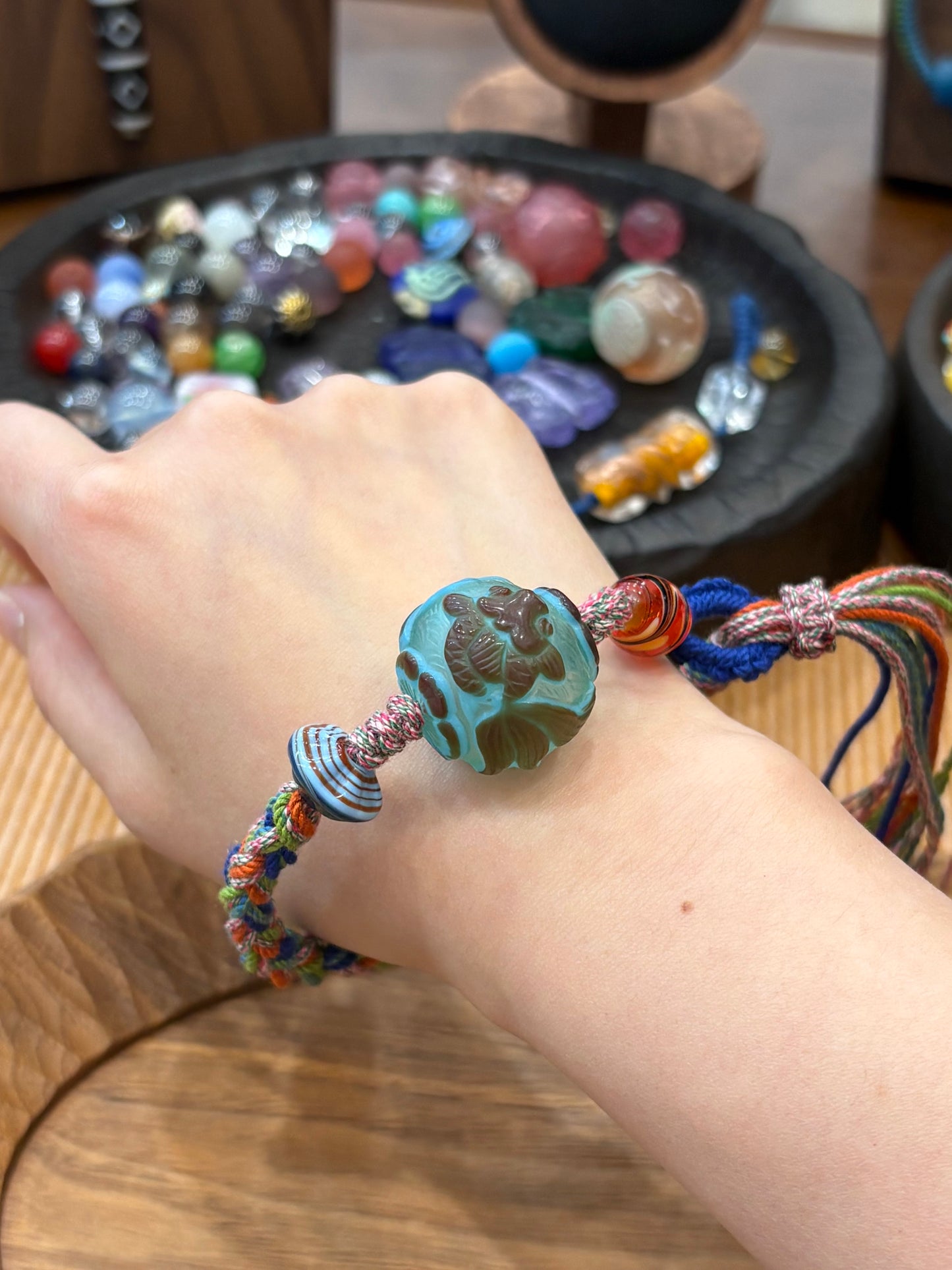 Hand-Knotted Glass Bead Bracelet – Goldfish Pattern Woven Cord Jewelry, Handmade Glass Bracelet