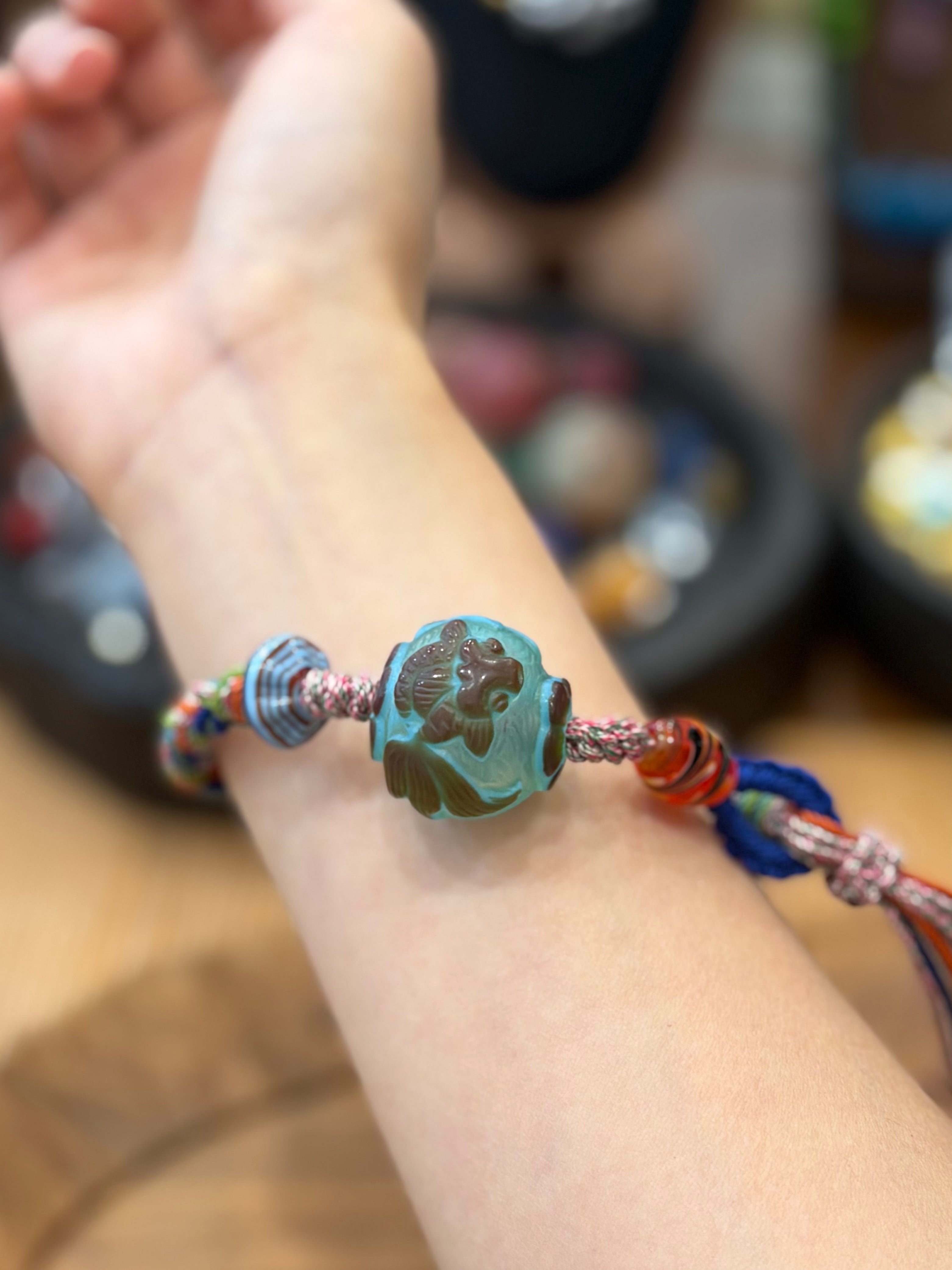 Hand-Knotted Glass Bead Bracelet – Goldfish Pattern Woven Cord Jewelry, Handmade Glass Bracelet