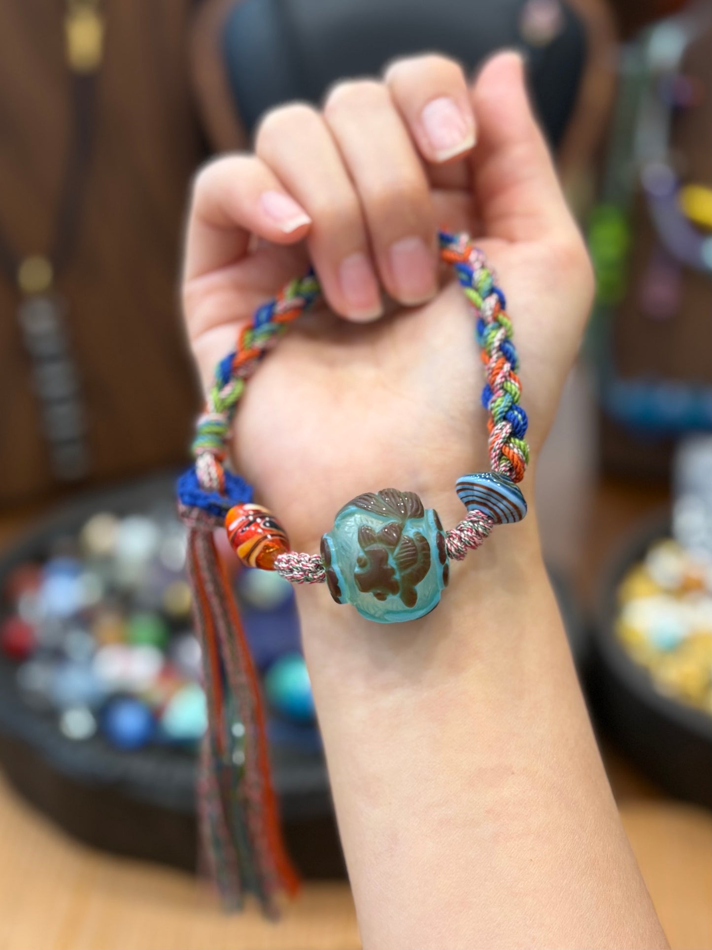Hand-Knotted Glass Bead Bracelet – Goldfish Pattern Woven Cord Jewelry, Handmade Glass Bracelet