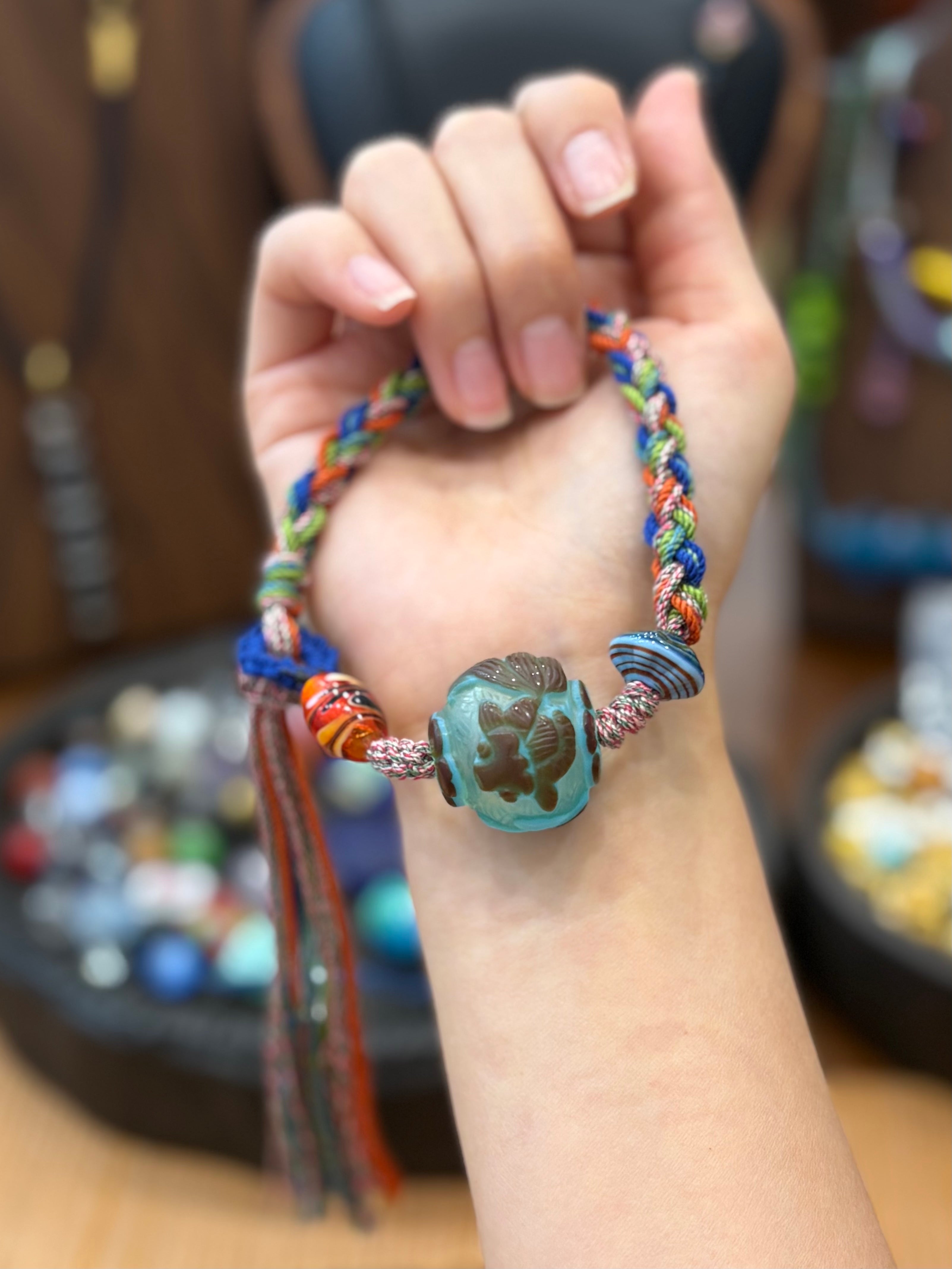 Hand-Knotted Glass Bead Bracelet – Goldfish Pattern Woven Cord Jewelry, Handmade Glass Bracelet