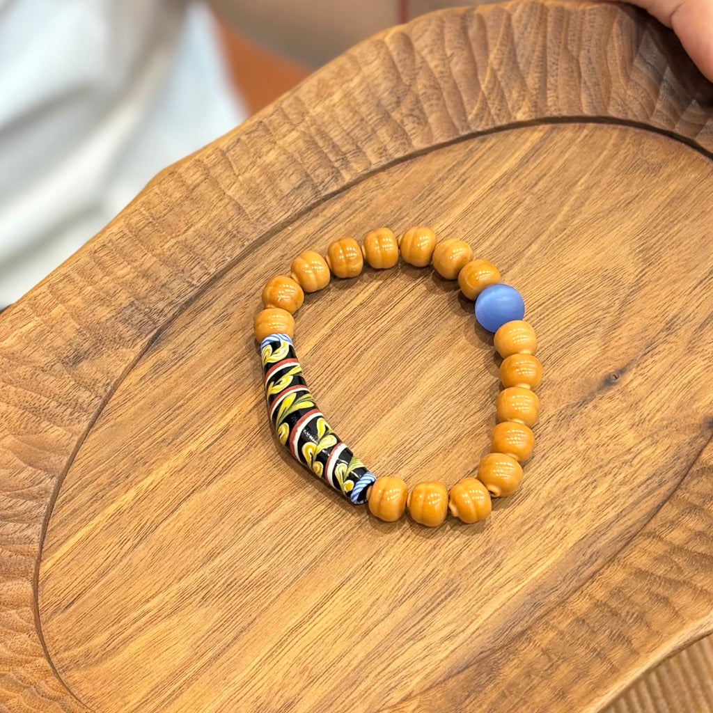 Handmade Glass Tube & Wood Bead Bracelet – Cat’s Eye Glass Accent, Hand-Strung Bracelet