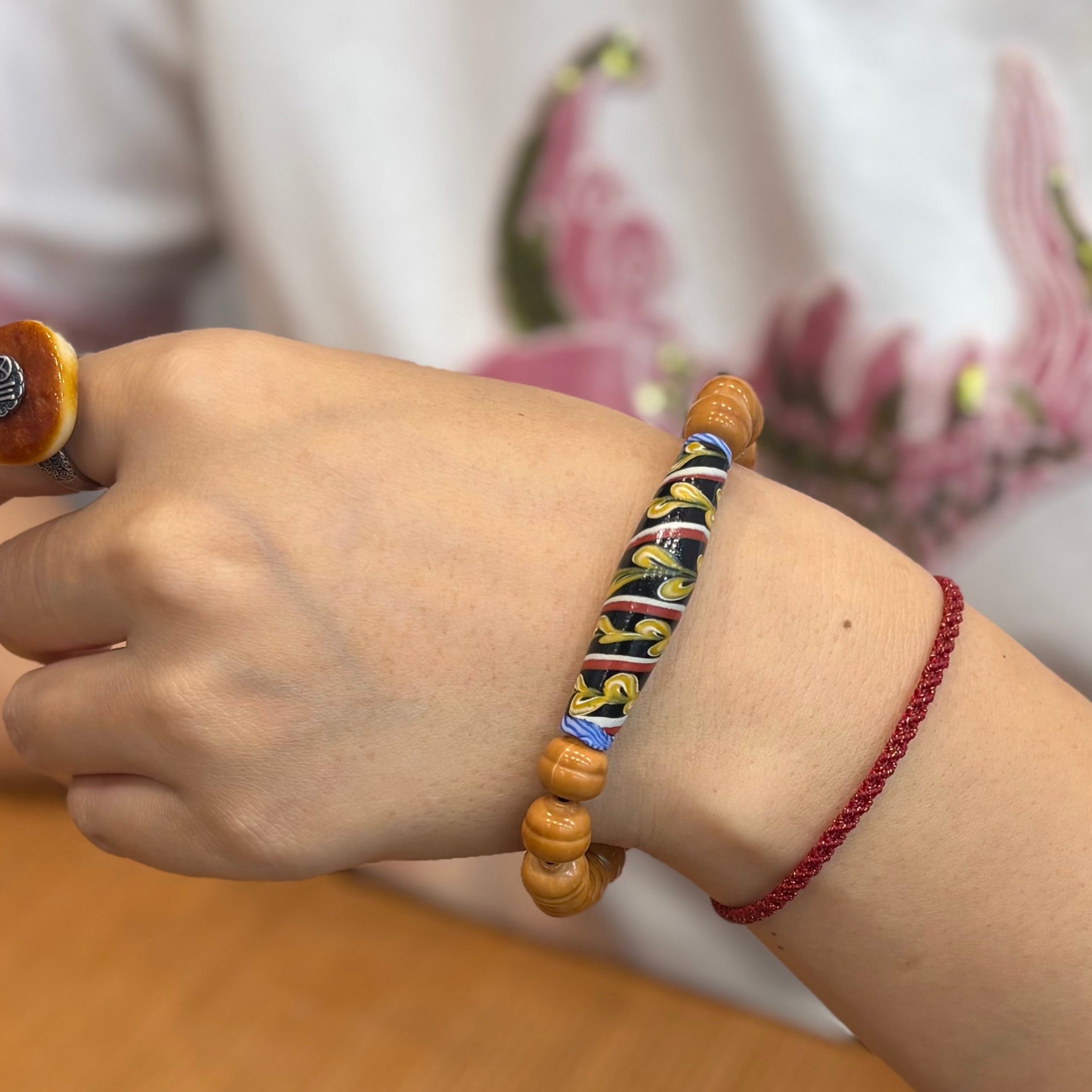 Handmade Glass Tube & Wood Bead Bracelet – Cat’s Eye Glass Accent, Hand-Strung Bracelet