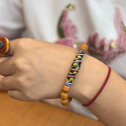 Handmade Glass Tube & Wood Bead Bracelet – Cat’s Eye Glass Accent, Hand-Strung Bracelet