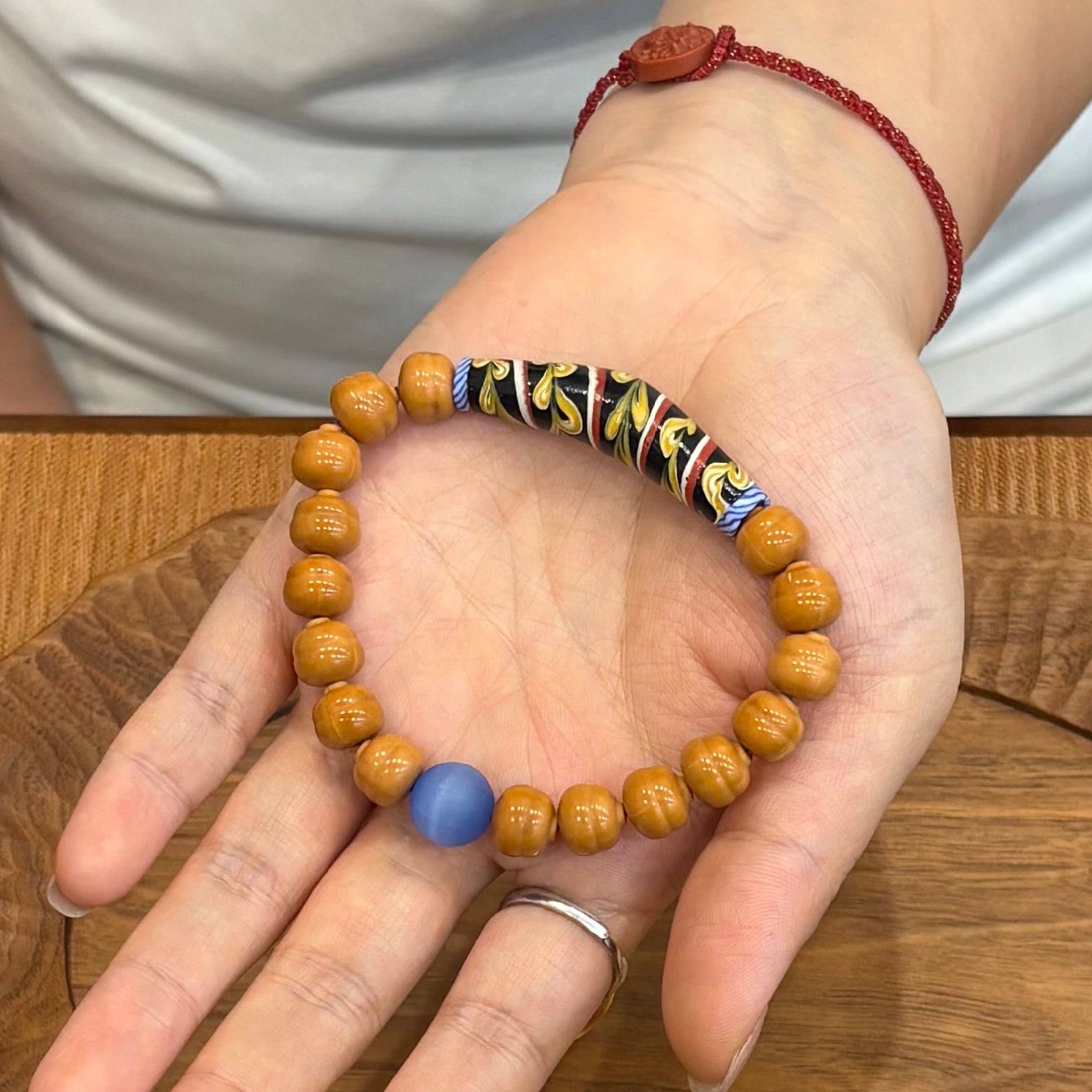 Handmade Glass Tube & Wood Bead Bracelet – Cat’s Eye Glass Accent, Hand-Strung Bracelet