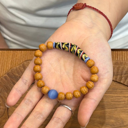 Handmade Glass Tube & Wood Bead Bracelet – Cat’s Eye Glass Accent, Hand-Strung Bracelet