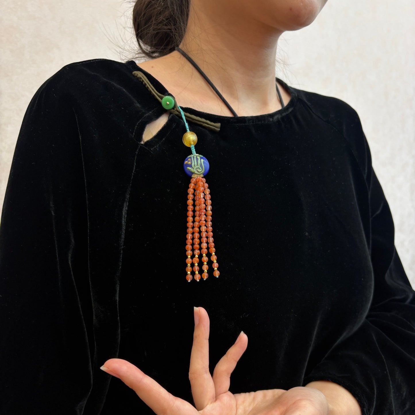 Handmade Glass & Nanhong Bead Charm – Collar Ornament, Bag Charm, Hand-Knotted Tassel Accessory