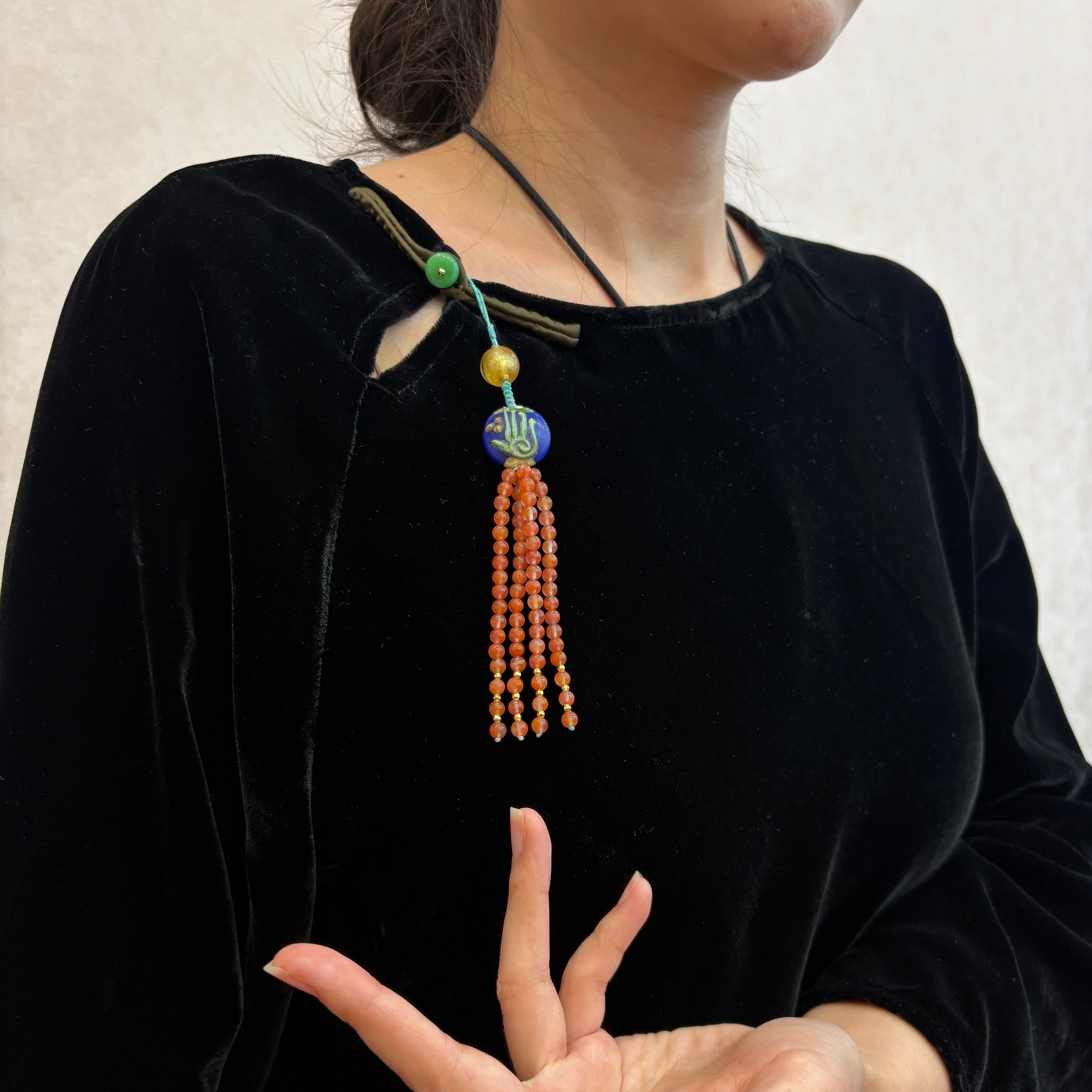 Handmade Glass & Nanhong Bead Charm – Collar Ornament, Bag Charm, Hand-Knotted Tassel Accessory