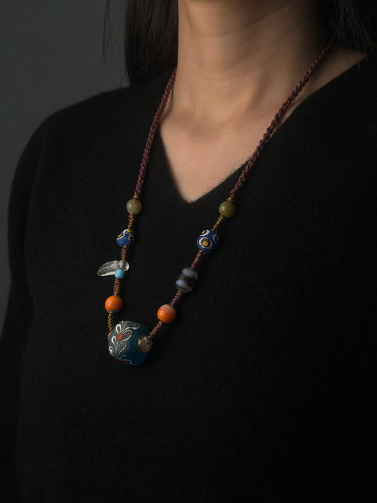 Decorated Barrel Glass Bead Necklace