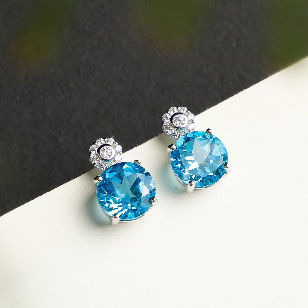 Natural Swiss Blue Topaz Stud Earrings in 925 Sterling Silver – Round Blue Gemstone Earrings