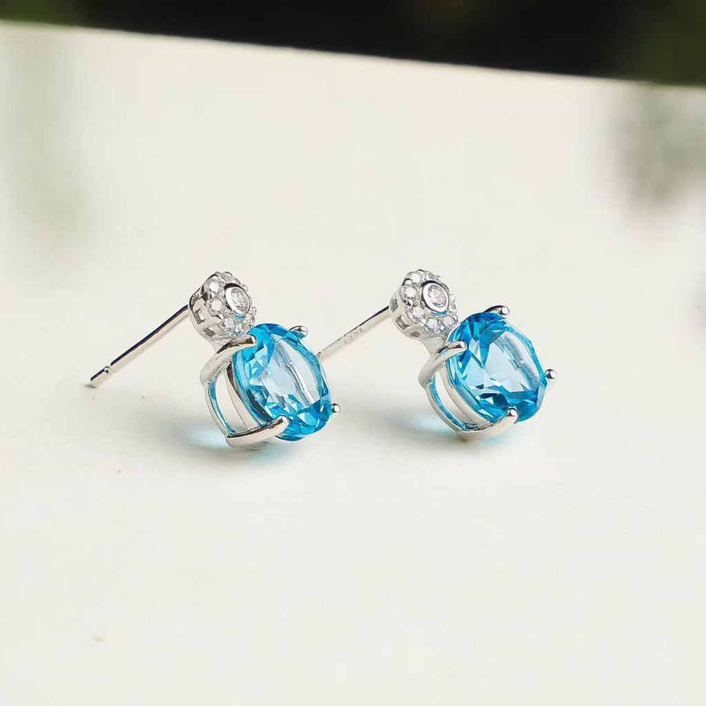 Natural Swiss Blue Topaz Stud Earrings in 925 Sterling Silver – Round Blue Gemstone Earrings