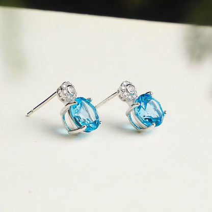 Natural Swiss Blue Topaz Stud Earrings in 925 Sterling Silver – Round Blue Gemstone Earrings