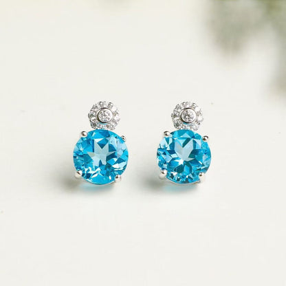 Natural Swiss Blue Topaz Stud Earrings in 925 Sterling Silver – Round Blue Gemstone Earrings