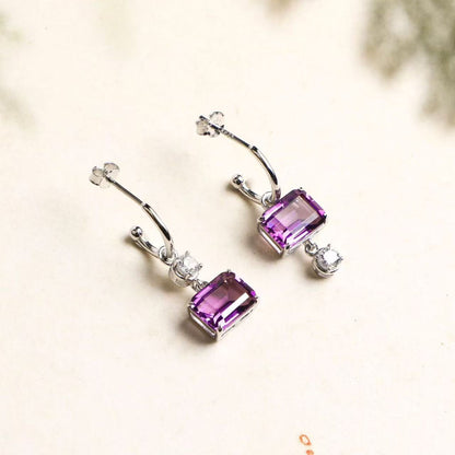 Natural Amethyst Drop Hoop Earrings in 925 Sterling Silver – Emerald Cut Purple Gemstone Earrings