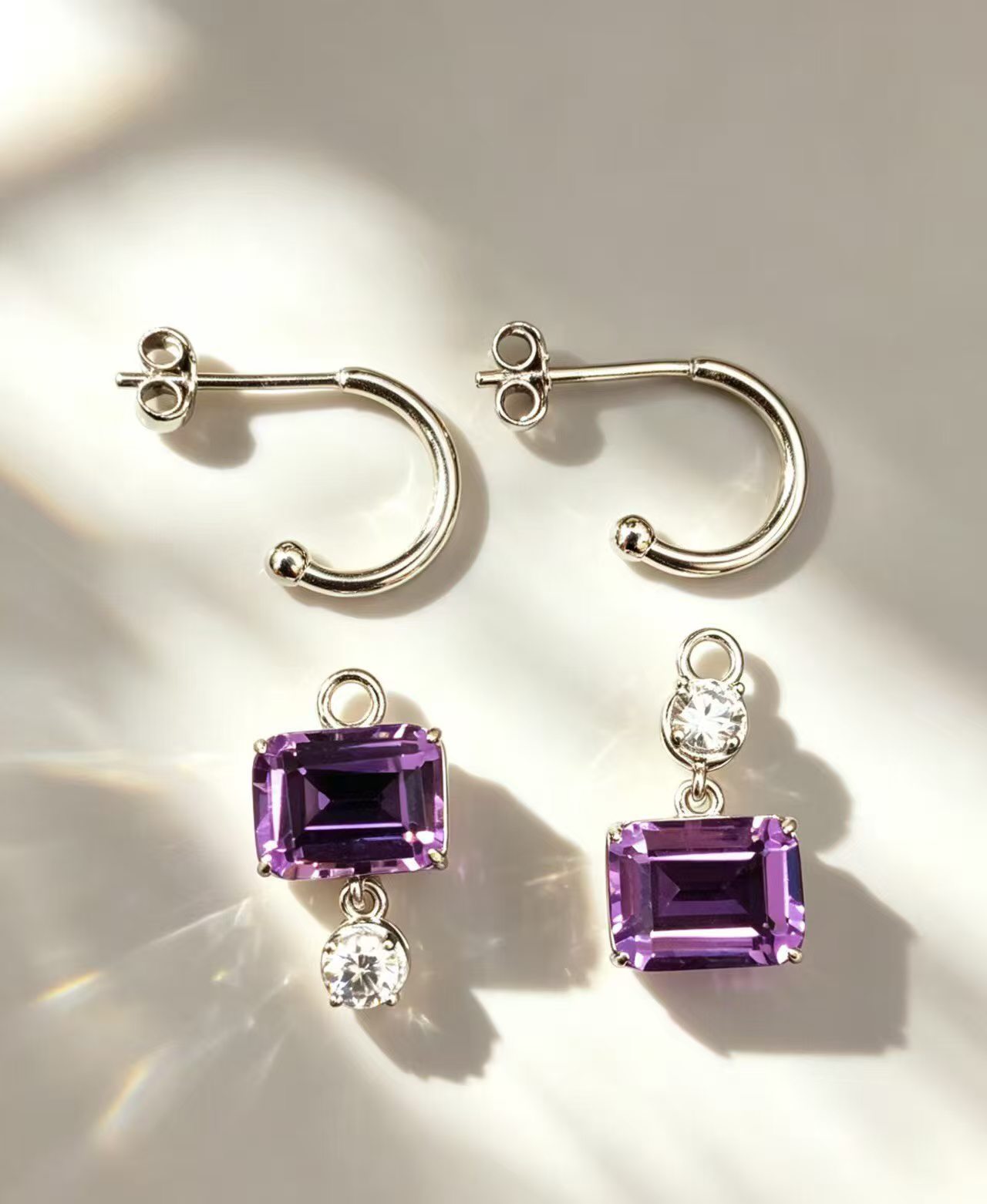 Natural Amethyst Drop Hoop Earrings in 925 Sterling Silver – Emerald Cut Purple Gemstone Earrings