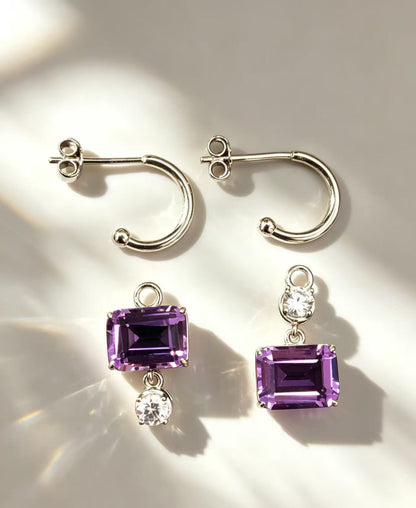 Natural Amethyst Drop Hoop Earrings in 925 Sterling Silver – Emerald Cut Purple Gemstone Earrings