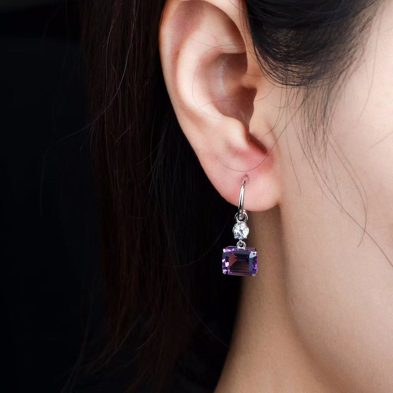 Natural Amethyst Drop Hoop Earrings in 925 Sterling Silver – Emerald Cut Purple Gemstone Earrings