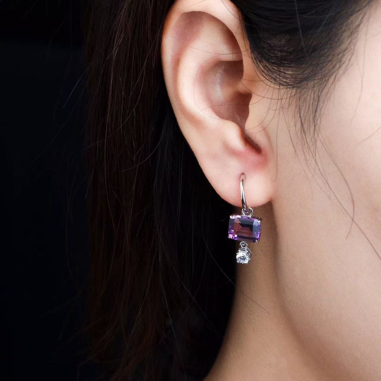 Natural Amethyst Drop Hoop Earrings in 925 Sterling Silver – Emerald Cut Purple Gemstone Earrings