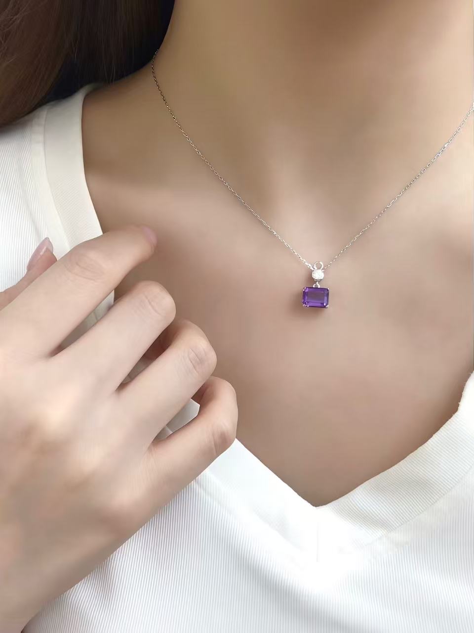 Natural Amethyst Drop Hoop Earrings in 925 Sterling Silver – Emerald Cut Purple Gemstone Earrings