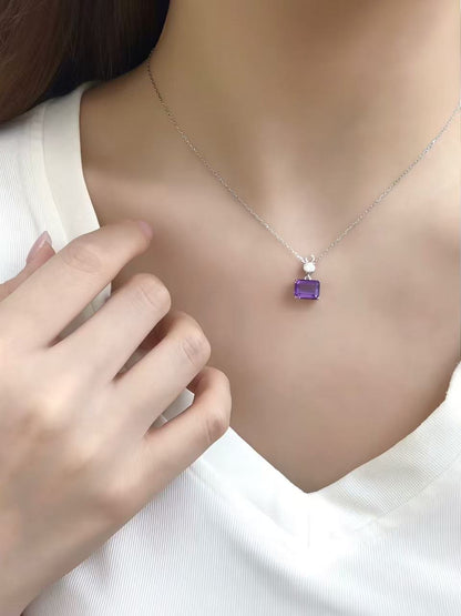 Natural Amethyst Drop Hoop Earrings in 925 Sterling Silver – Emerald Cut Purple Gemstone Earrings