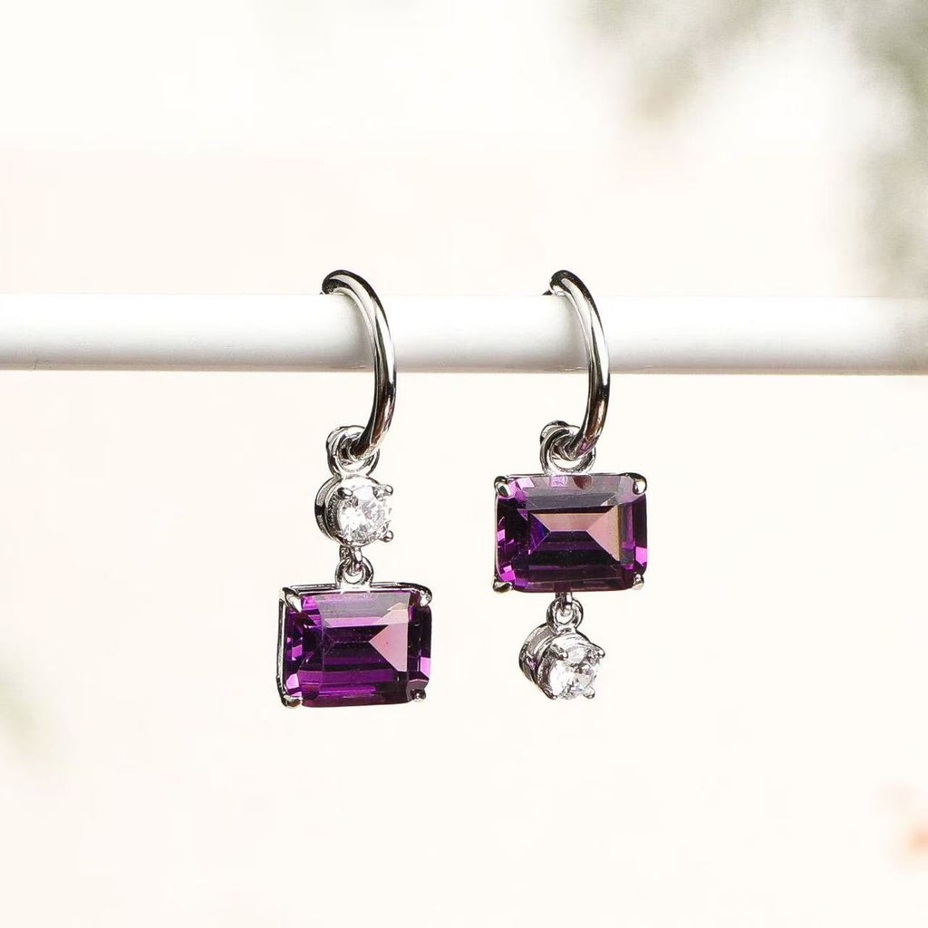Natural Amethyst Drop Hoop Earrings in 925 Sterling Silver – Emerald Cut Purple Gemstone Earrings
