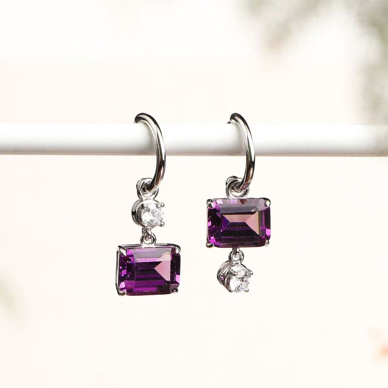 Natural Amethyst Drop Hoop Earrings in 925 Sterling Silver – Emerald Cut Purple Gemstone Earrings