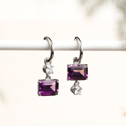 Natural Amethyst Drop Hoop Earrings in 925 Sterling Silver – Emerald Cut Purple Gemstone Earrings