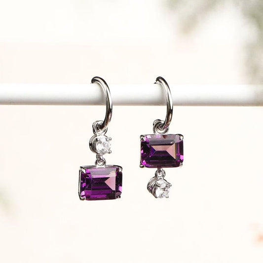 Natural Amethyst Drop Hoop Earrings in 925 Sterling Silver – Emerald Cut Purple Gemstone Earrings