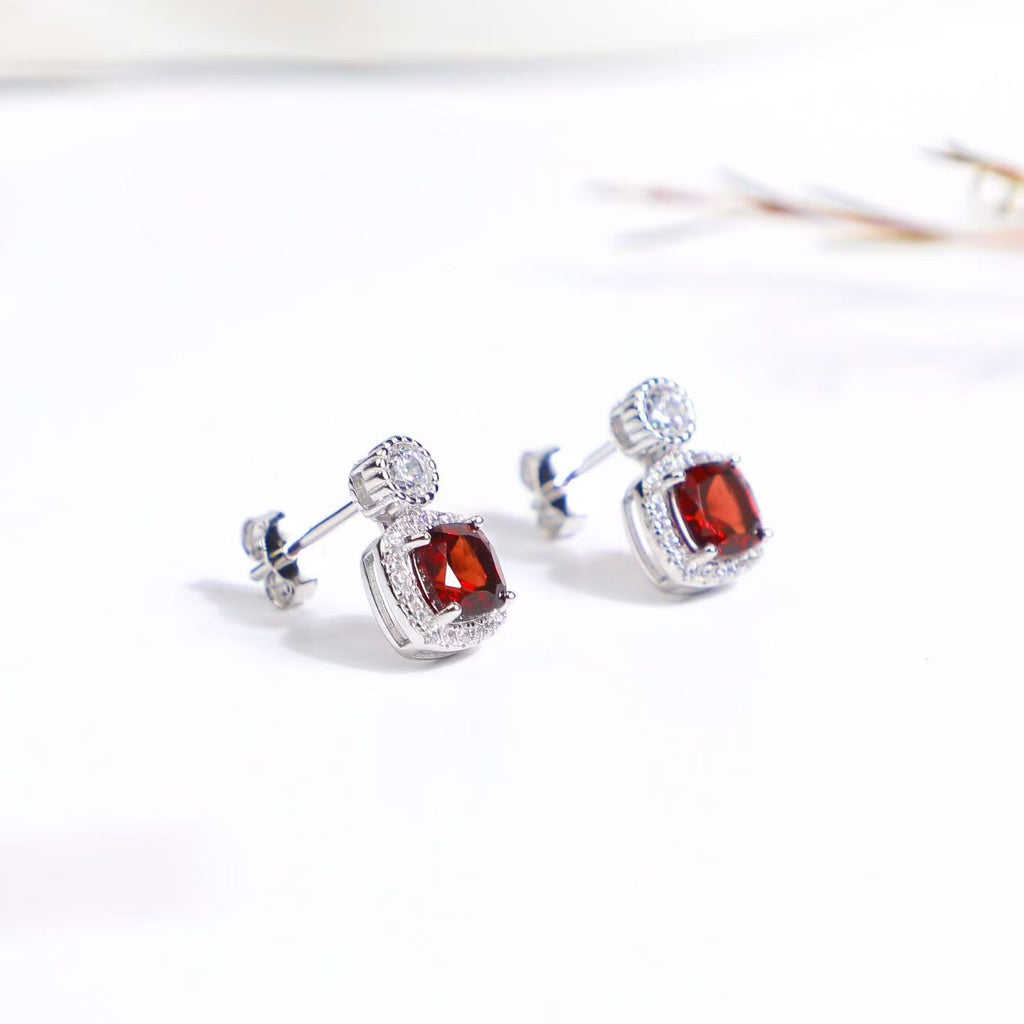 Natural Garnet Halo Stud Earrings in 925 Sterling Silver – Cushion Cut Red Gemstone Earrings