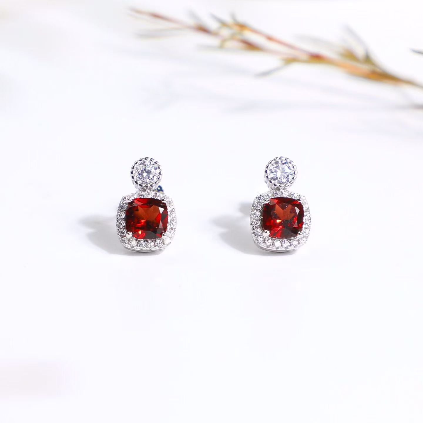 Natural Garnet Halo Stud Earrings in 925 Sterling Silver – Cushion Cut Red Gemstone Earrings