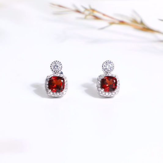 Natural Garnet Halo Stud Earrings in 925 Sterling Silver – Cushion Cut Red Gemstone Earrings