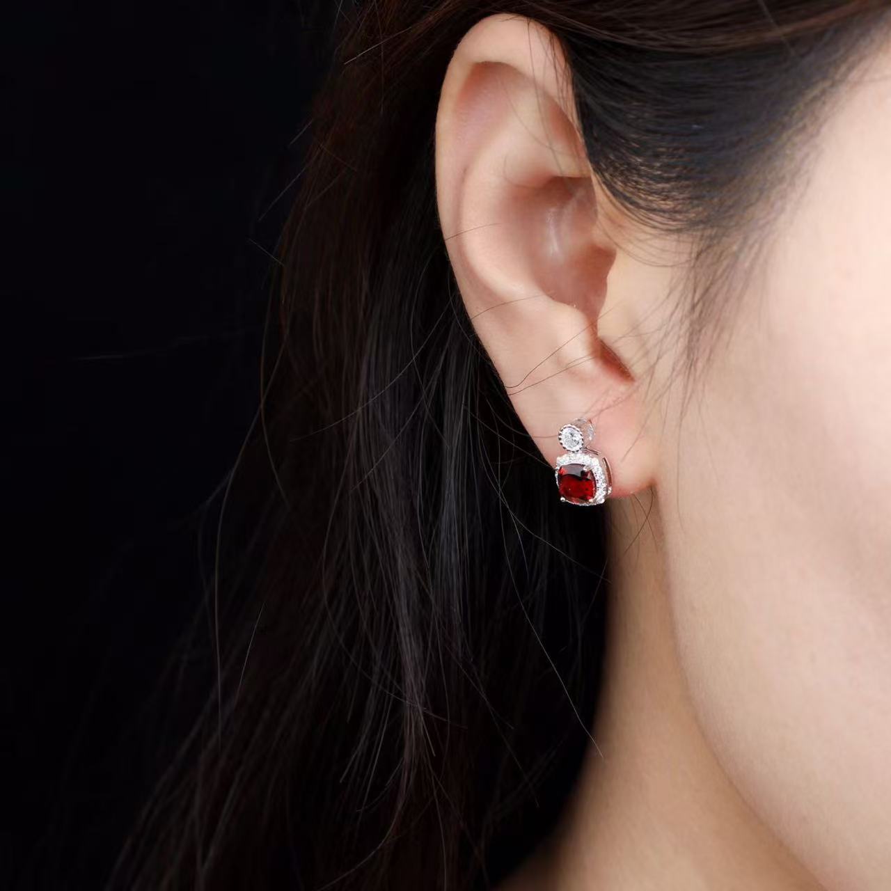 Natural Garnet Halo Stud Earrings in 925 Sterling Silver – Cushion Cut Red Gemstone Earrings